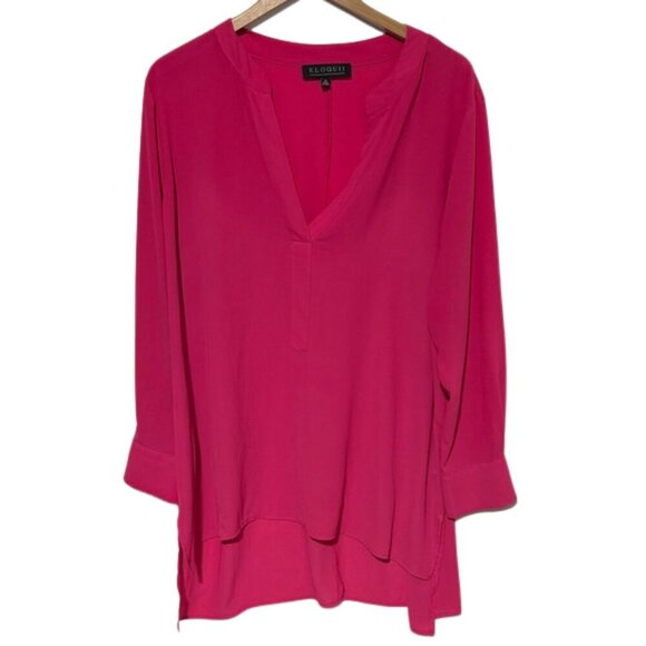 Eloquii Tops - Eloquii Hot Pink Long Sleeve Blouse V-Neck Roll Tab Sleeves Size 16